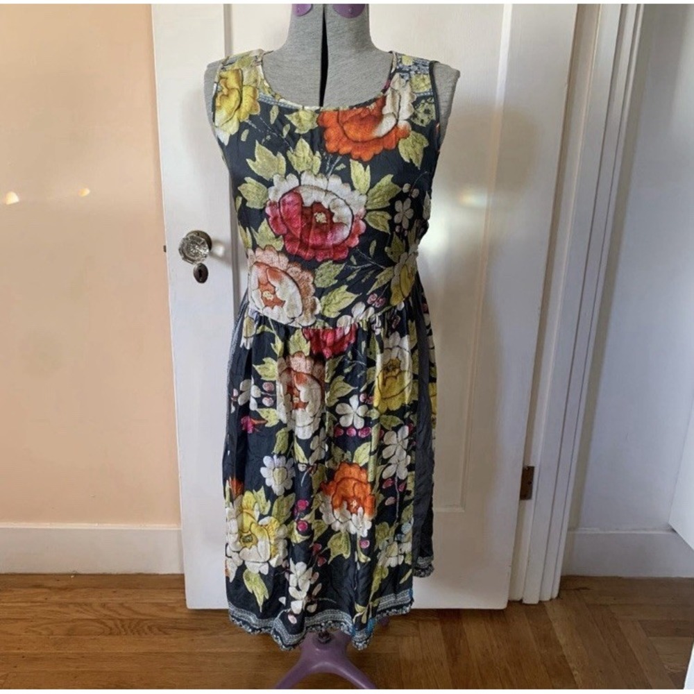 Johnny Was Silk Floral Sleeveless Midi Dress Dark Gray XS